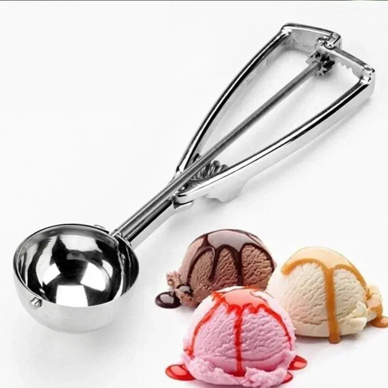 Stainless steel spring-loaded ice cream and cookie scoop with round bowl and lever handle