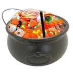 Black cauldron candy bucket filled with Halloween candies, open top