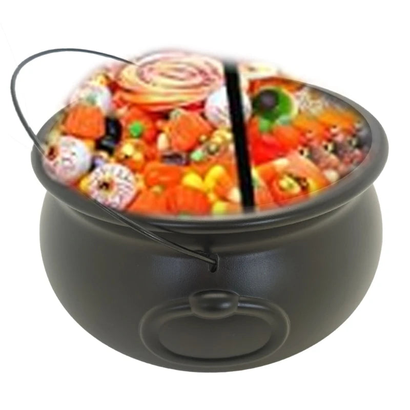 Black cauldron candy bucket filled with Halloween candies, open top