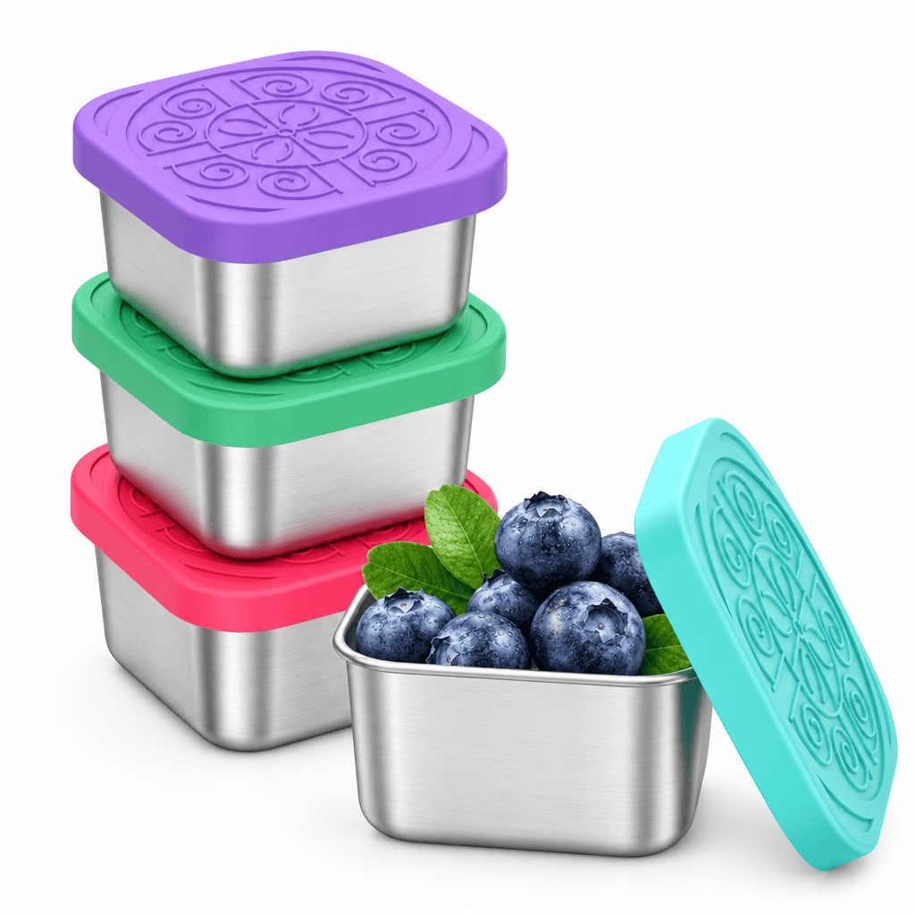 4-piece stainless steel snack containers with leakproof silicone lids in purple, green, red, and teal