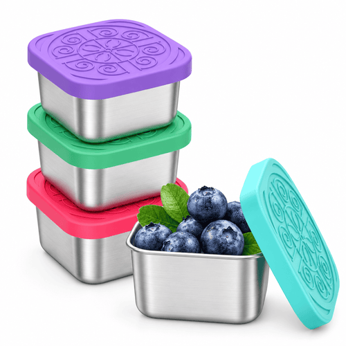 4-piece stainless steel snack containers with leakproof silicone lids in purple, green, red, and teal