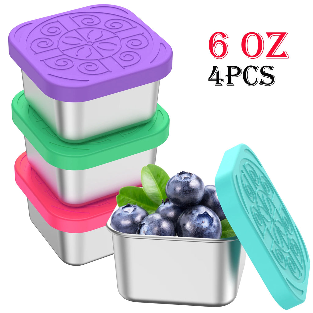 4-piece stainless snack and dressing containers with leakproof silicone lids, 6 oz