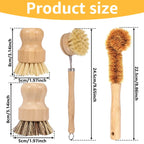 Dish brush set with size chart showing short and long wooden handled brushes