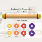 Adjustable beech wood rolling pin with thickness ring sizes and measurement markings