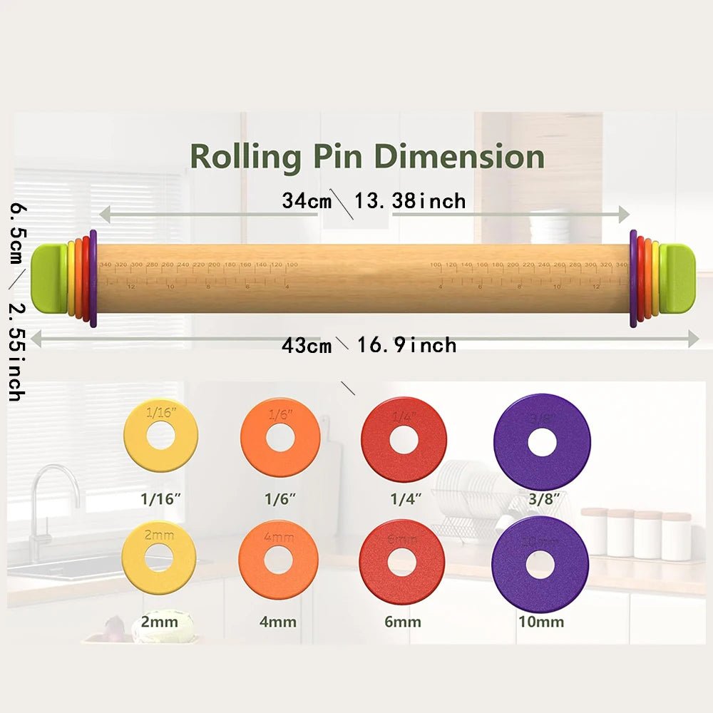 Adjustable beech wood rolling pin with thickness ring sizes and measurement markings