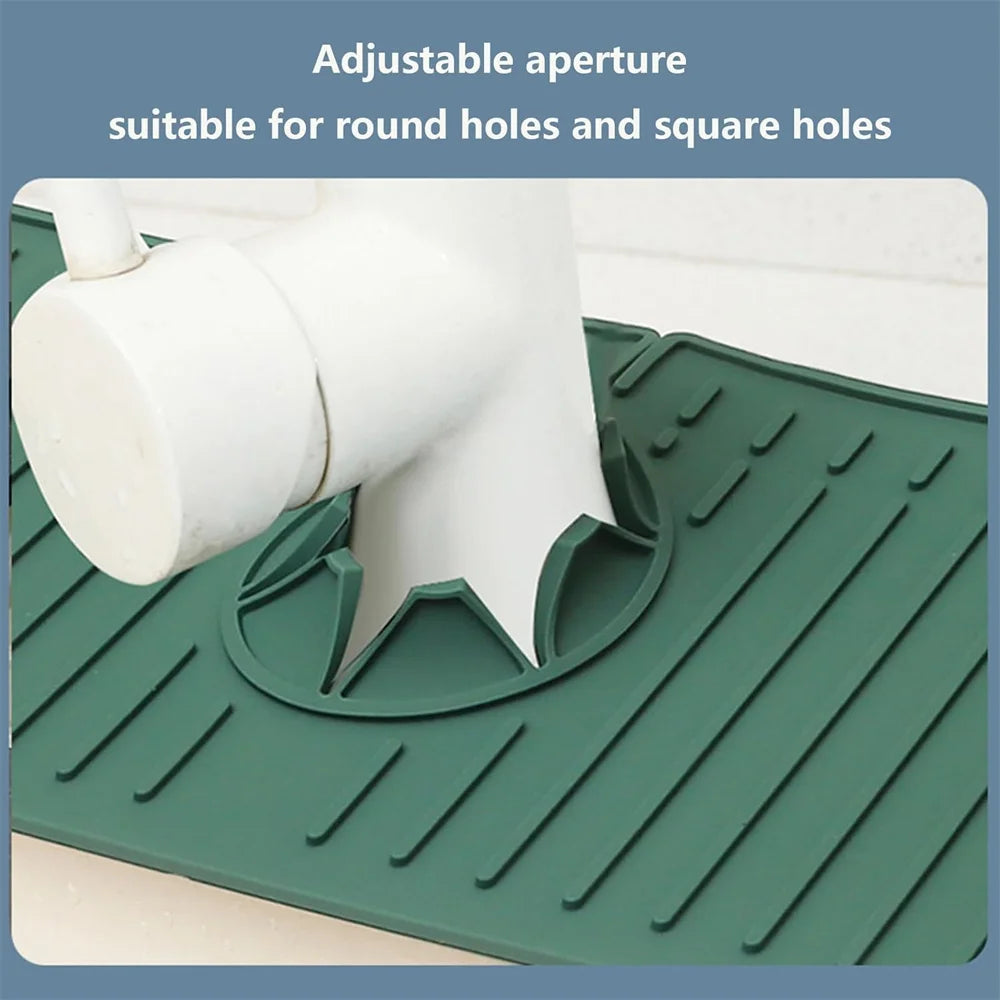 Green silicone sink splash guard with adjustable aperture for round or square faucet bases