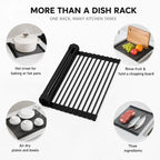 Black roll-up over-sink dish drying rack, silicone-coated ridged bars