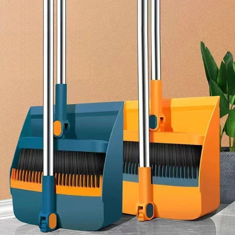 Household broom and dustpan set with blue and orange bins and black bristles