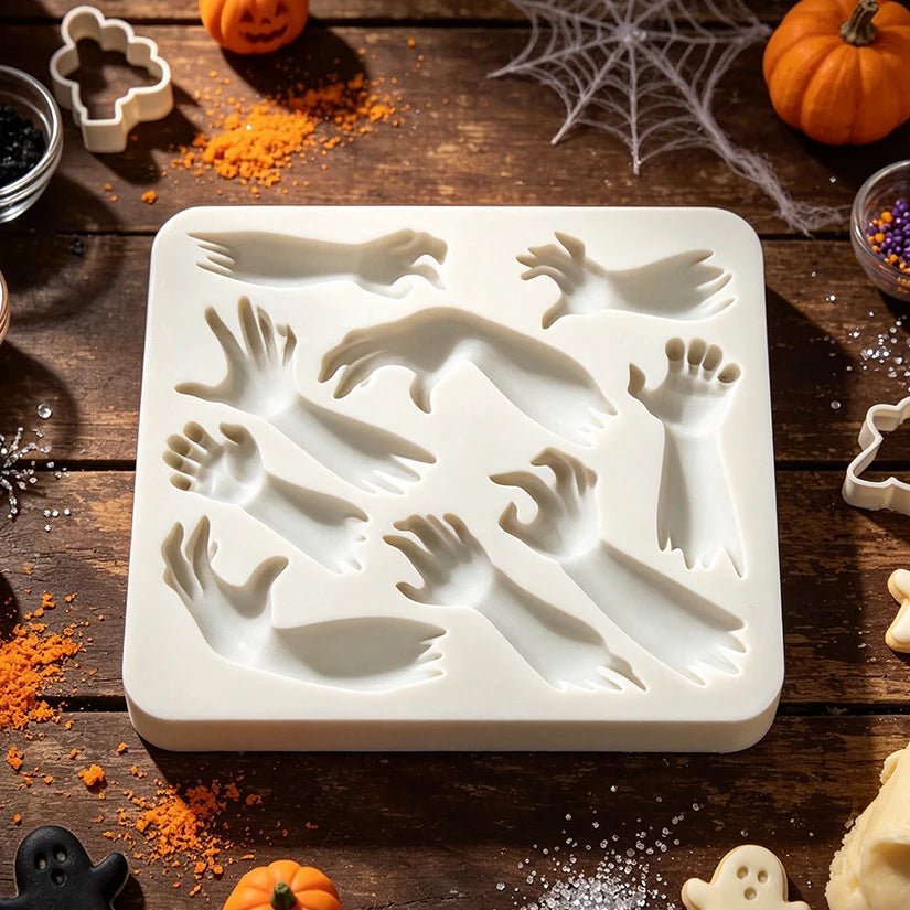 Rectangular silicone Halloween sugarcraft mold with detailed hand and arm impressions