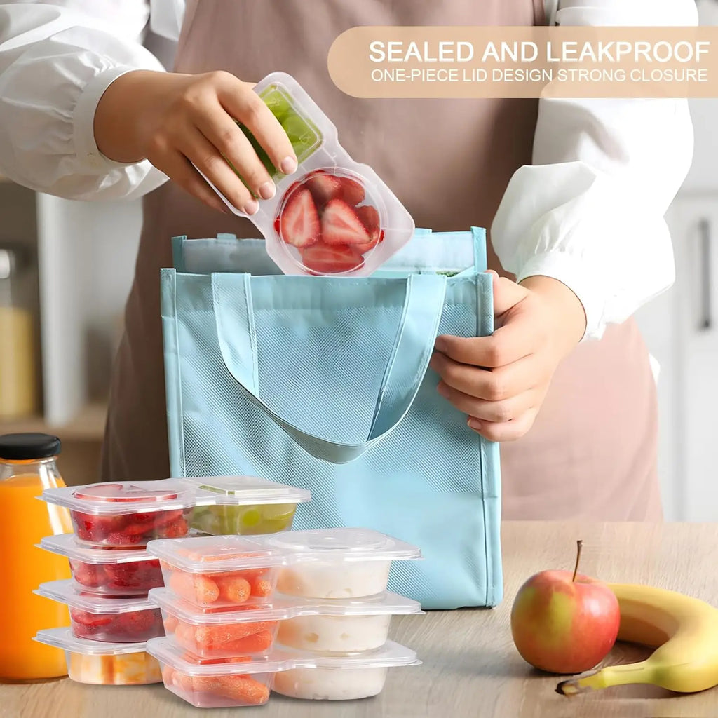 Sealed double-compartment snack container in clear lid; placed into a lunch bag