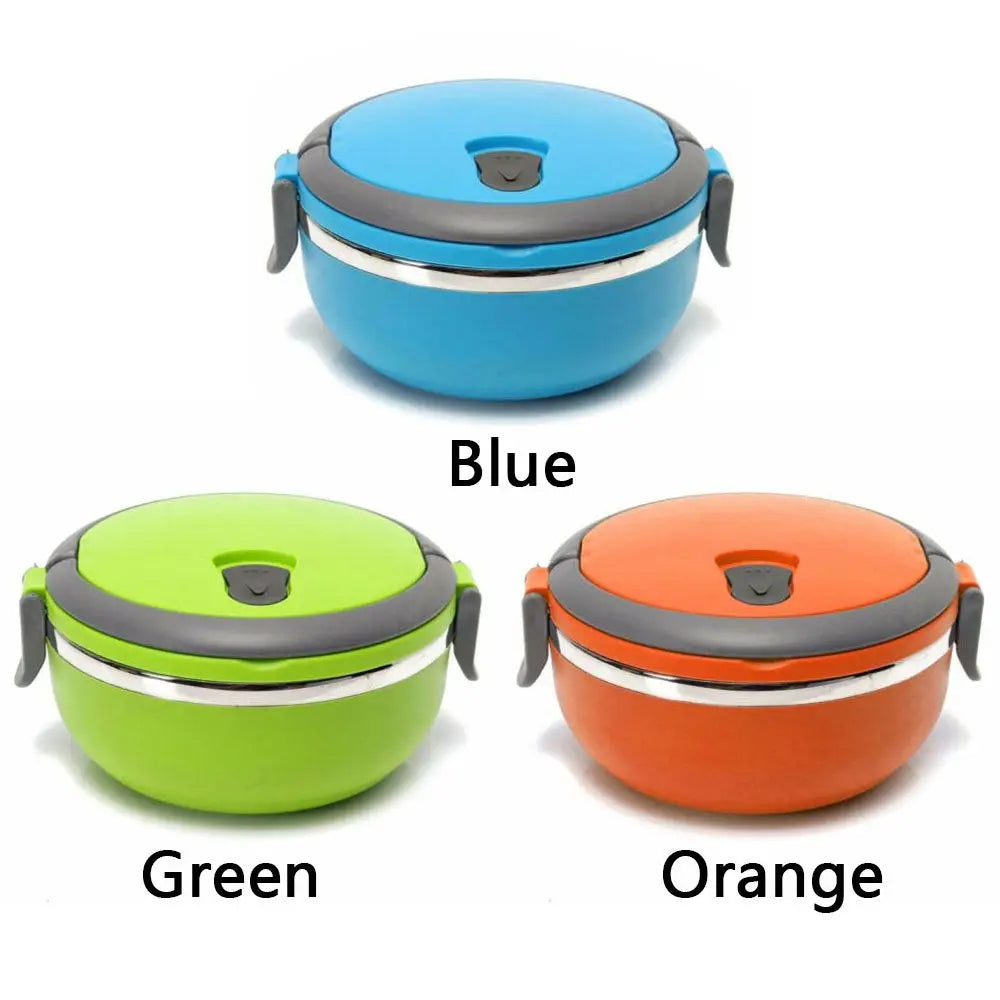 Blue, green, and orange stackable stainless steel bento lunch boxes with black clasps