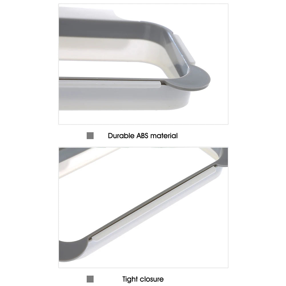 Grey over-cabinet trash bag holder end cap and tight-closing rim detail