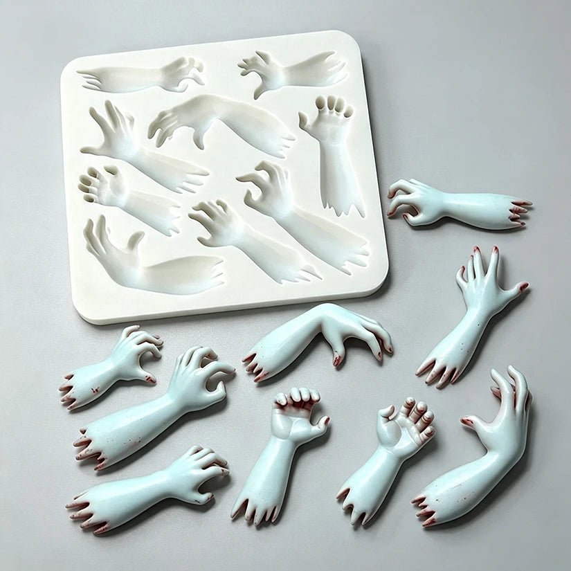 Rectangular silicone sugarcraft mold with Halloween hand and arm relief designs