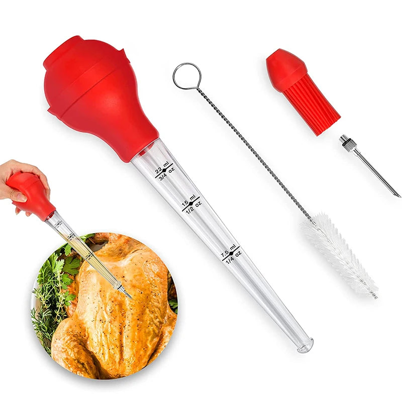 Red silicone-bulb marinade injector with clear barrel, needle, and measuring markings