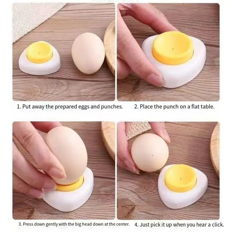 Egg hole puncher tool showing multiple hand steps pressing and lifting from an egg