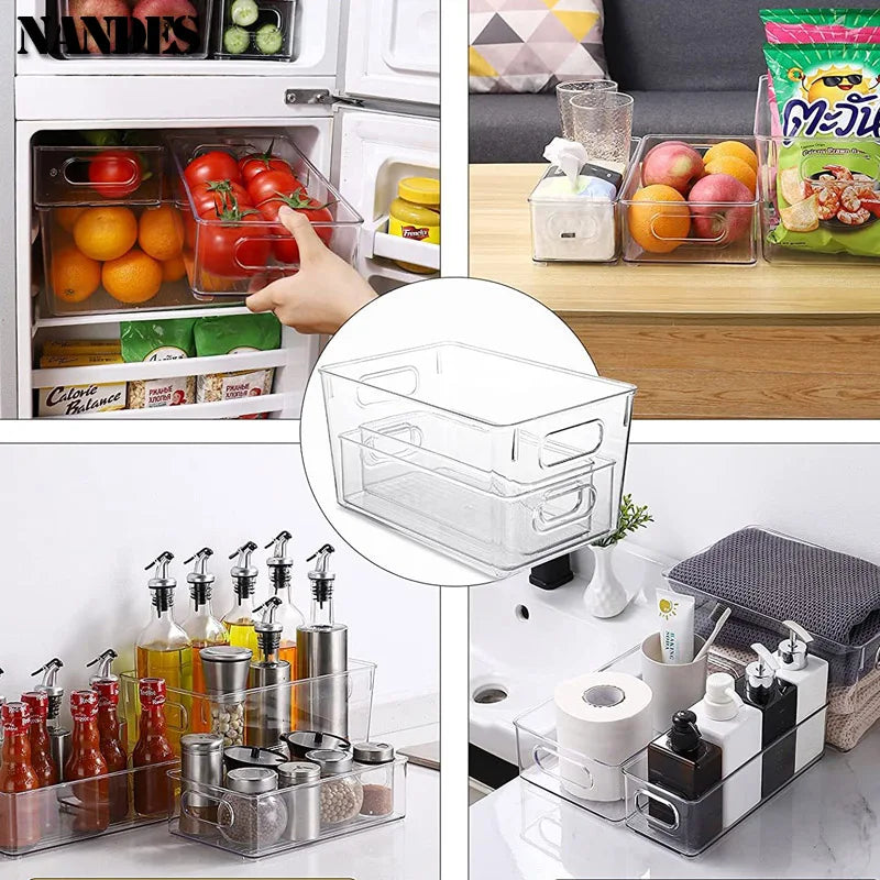 Clear organizer bins with built-in handles stacked inside a refrigerator and countertop items