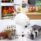 Clear organizer bins with built-in handles stacked inside a refrigerator and countertop items