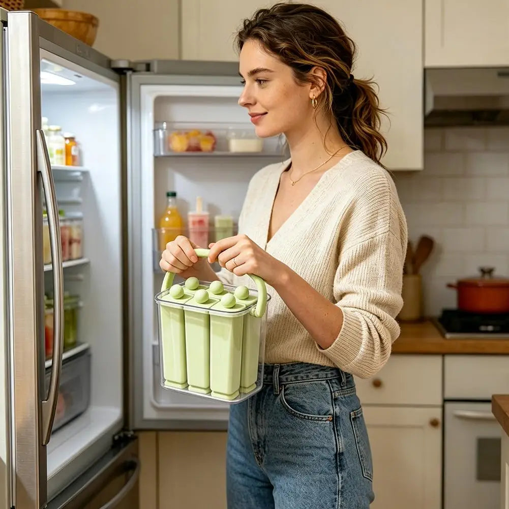 Sage green ice stick tray with handle held near an open refrigerator
