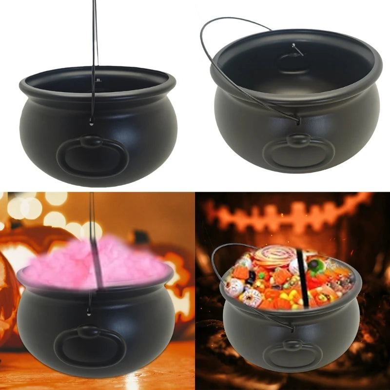 Set of black cauldron candy buckets with hanging loops, open tops