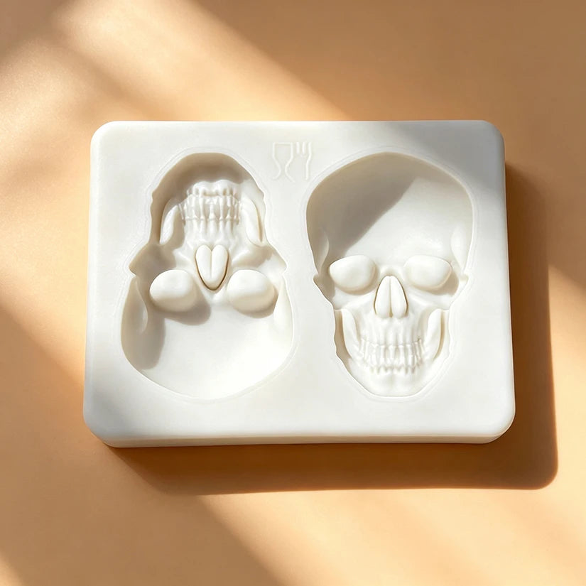 Halloween skull silicone cake mold tray with two skull cavities and one skull design