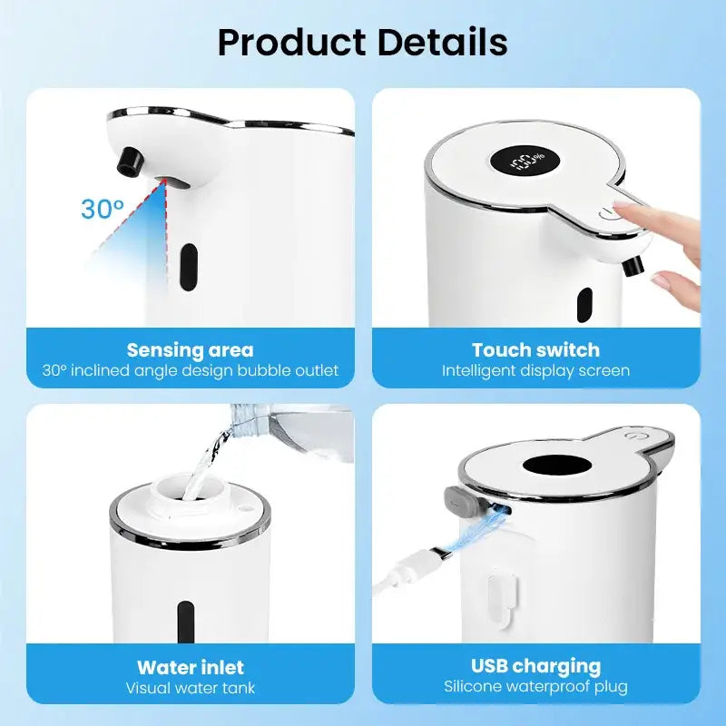 White touchless soap dispenser product details: sensing area, touch switch, water inlet