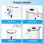 White touchless soap dispenser product details: sensing area, touch switch, water inlet