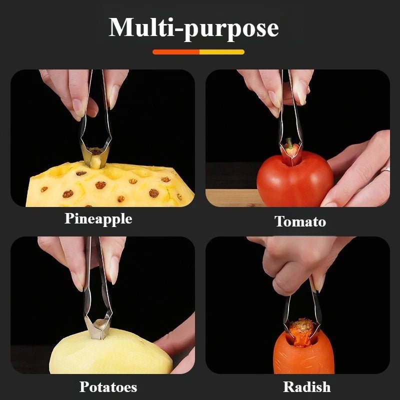 Multi-purpose V-shaped fruit huller tweezers tool for pineapple, tomato, potato, radish