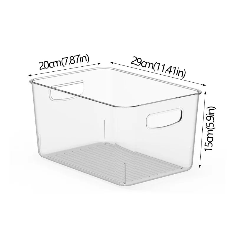 Clear plastic refrigerator organizer bin with built-in handles, rectangular open top.
