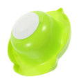 Lime green food safety slicer holder with finger guard shield and white push button