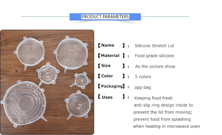 Silicone stretch lids set layout with clear lids, tabs, and product parameter card