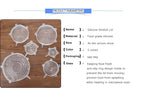 Silicone stretch lids set layout with clear lids, tabs, and product parameter card
