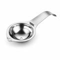 Stainless steel egg yolk separator with bowl rest hook, oval cup and spout