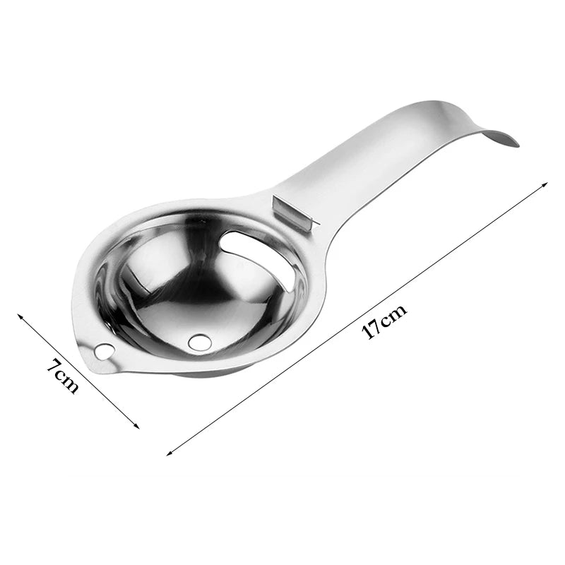 Stainless steel egg yolk separator with bowl rest hook, 17cm length and 7cm cup