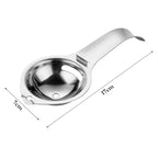 Stainless steel egg yolk separator with bowl rest hook, 17cm length and 7cm cup
