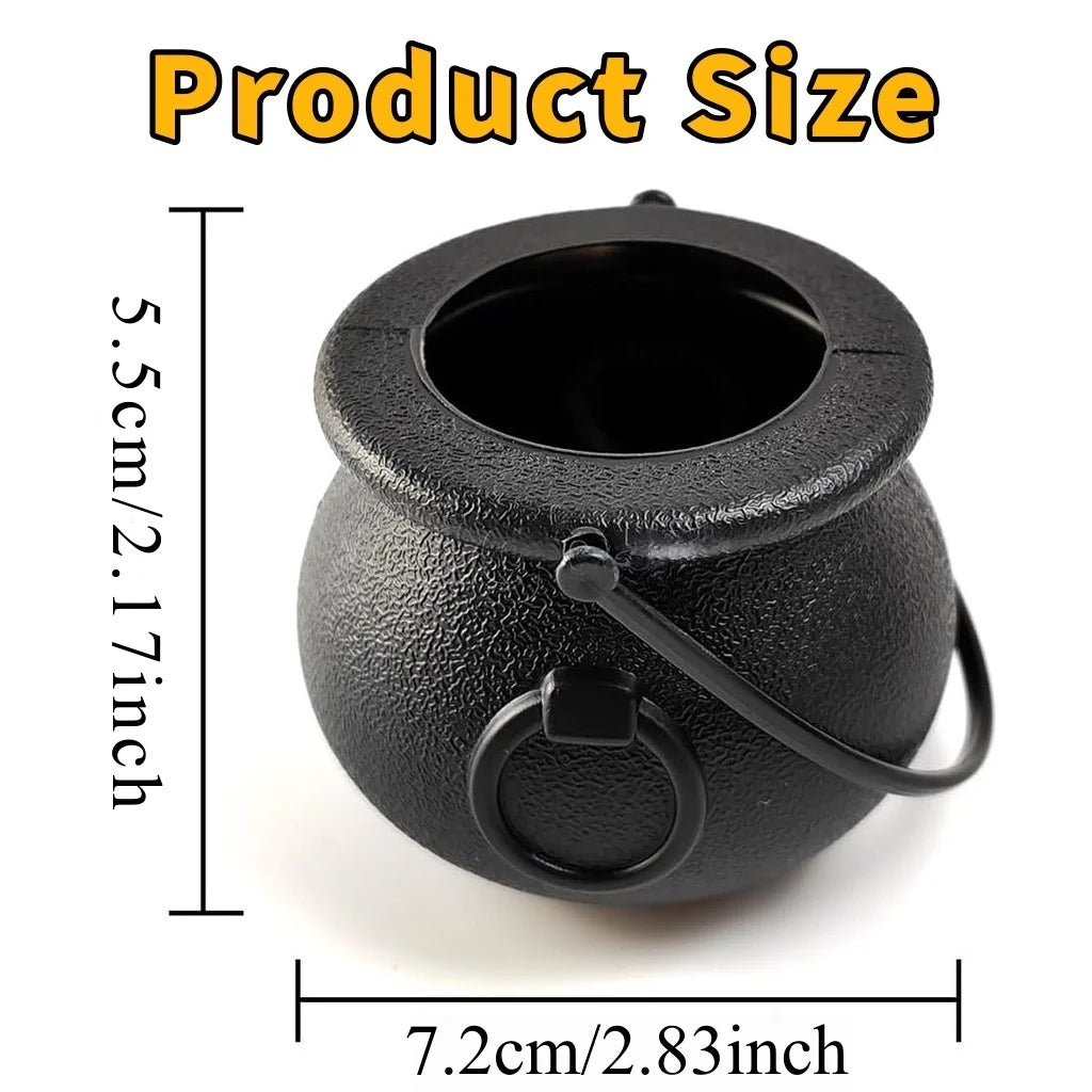 Black cauldron candy bowl with round opening and side handle, textured finish
