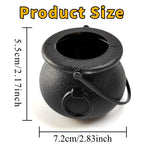 Black cauldron candy bowl with round opening and side handle, textured finish
