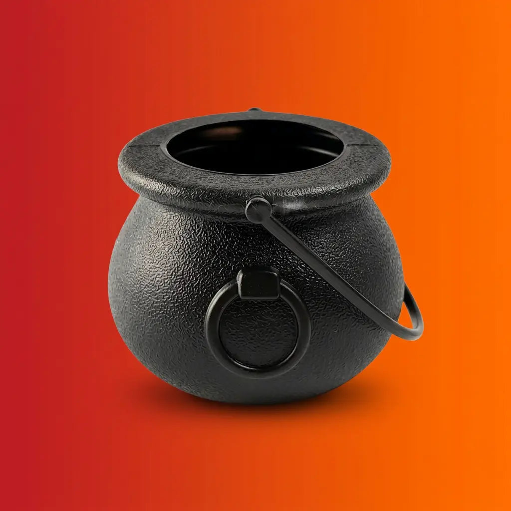 Black cast iron Halloween witch cauldron with a metal handle on orange-red gradient background.