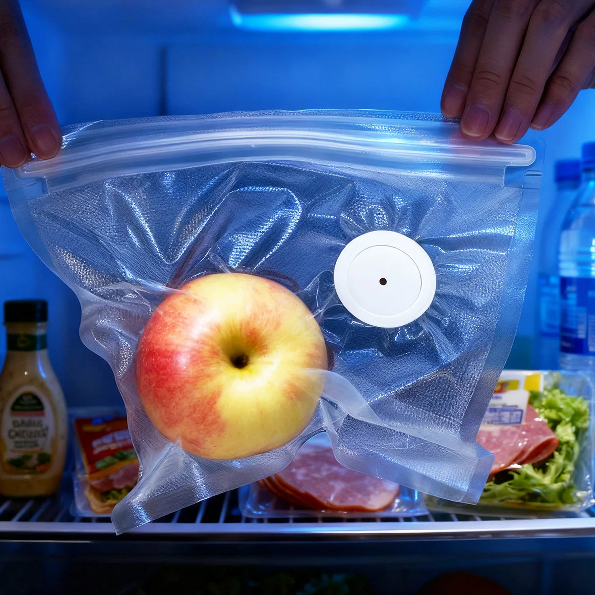 Reusable vacuum sealer food storage bag with valve and apple slices inside