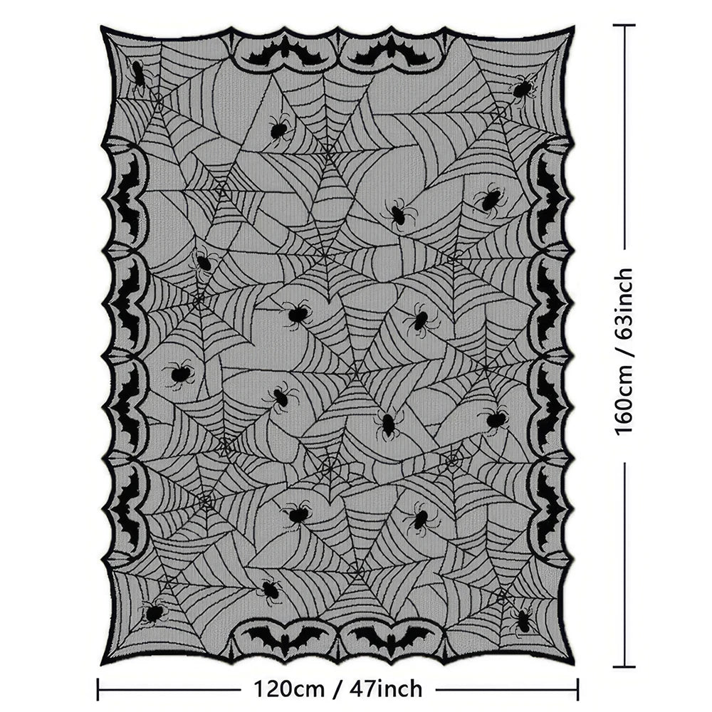 Black spider-web lace table runner with 120cm x 160cm dimensions diagram