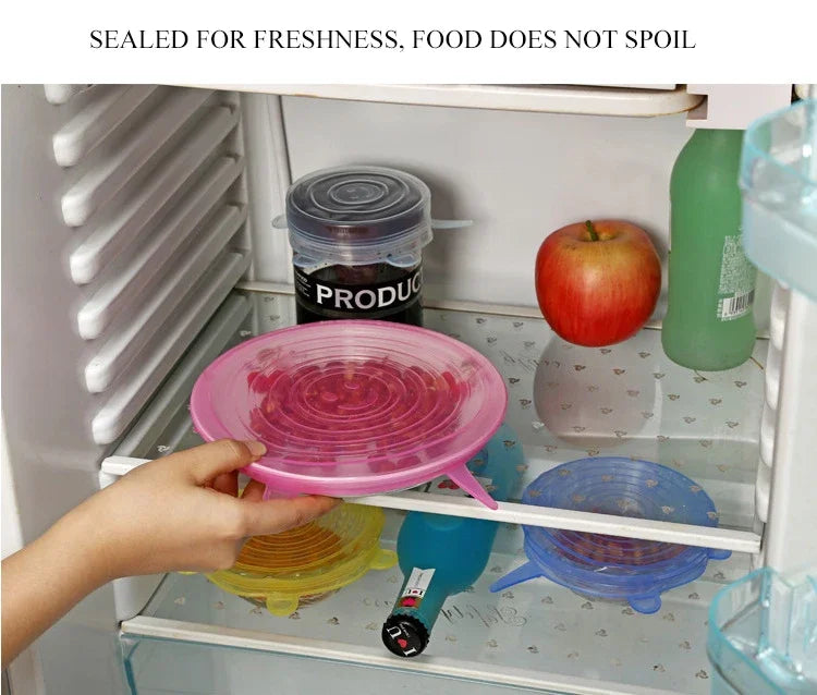 Silicone stretch lids in pink, yellow, blue, and transparent in refrigerator