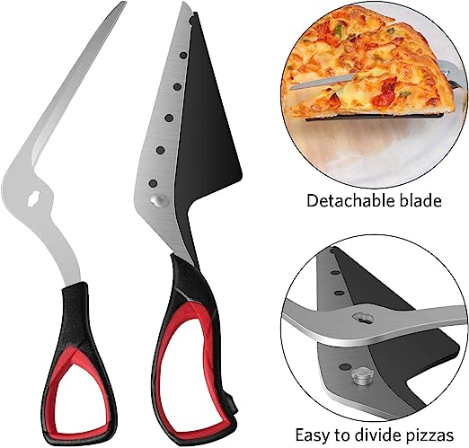 Pizza scissors with detachable stainless blades and black/red ergonomic handles