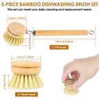Bamboo dishwashing brush set diagram: wooden handle, pot brush, and 4 replaceable heads