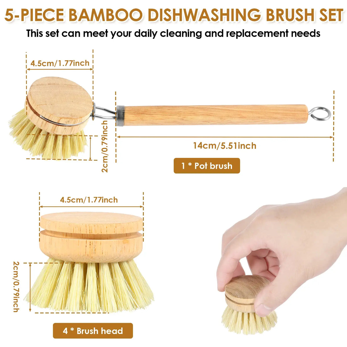 Bamboo dishwashing brush set diagram: wooden handle, pot brush, and 4 replaceable heads