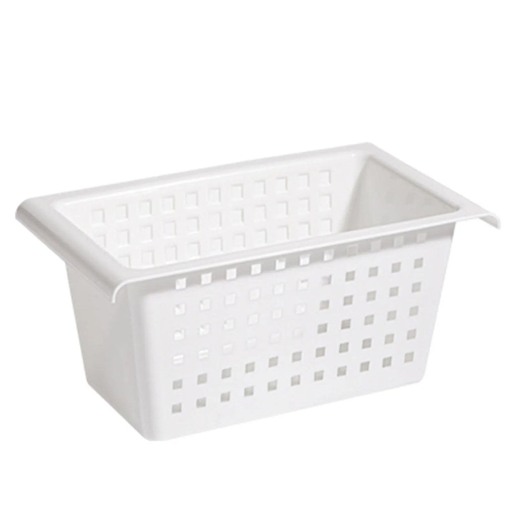 White plastic hanging storage basket with open lattice sides, rectangular under-sink style