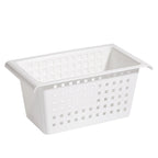 White plastic hanging storage basket with open lattice sides, rectangular under-sink style