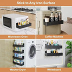 Black magnetic storage baskets shown on various appliances and iron surfaces