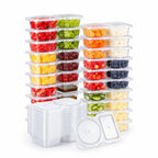 Stacked clear double-compartment reusable snack containers with secure snap lids
