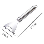Corn stripper peeler with curved blade and measuring size markers on product