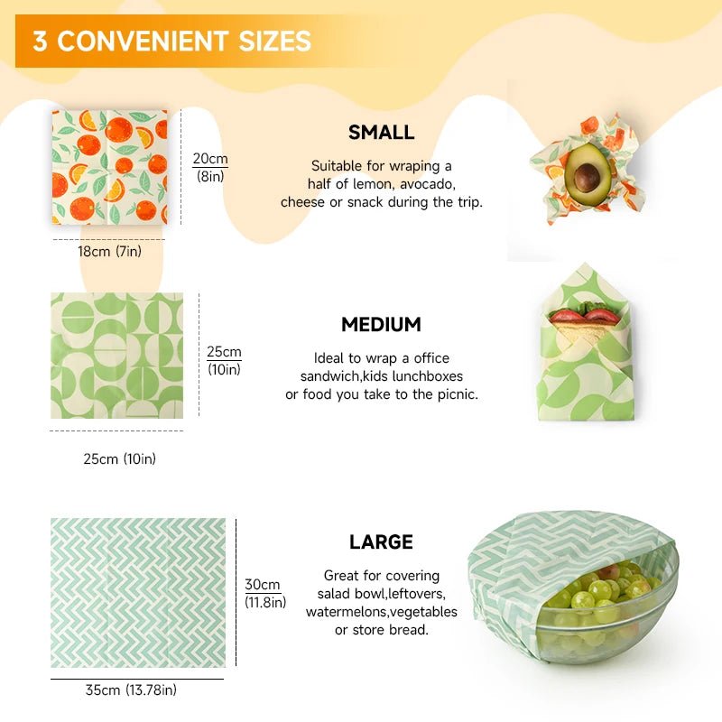 Three-size reusable beeswax food wrap set with small, medium, and large pattern squares