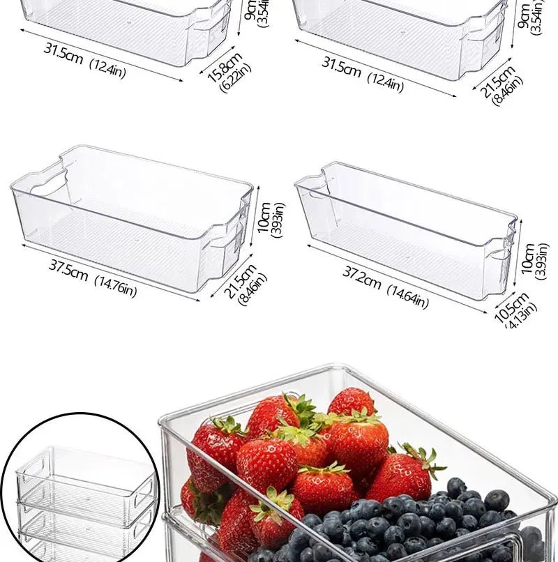 Clear stackable organizer bins with size measurements; bin holding strawberries and blueberries